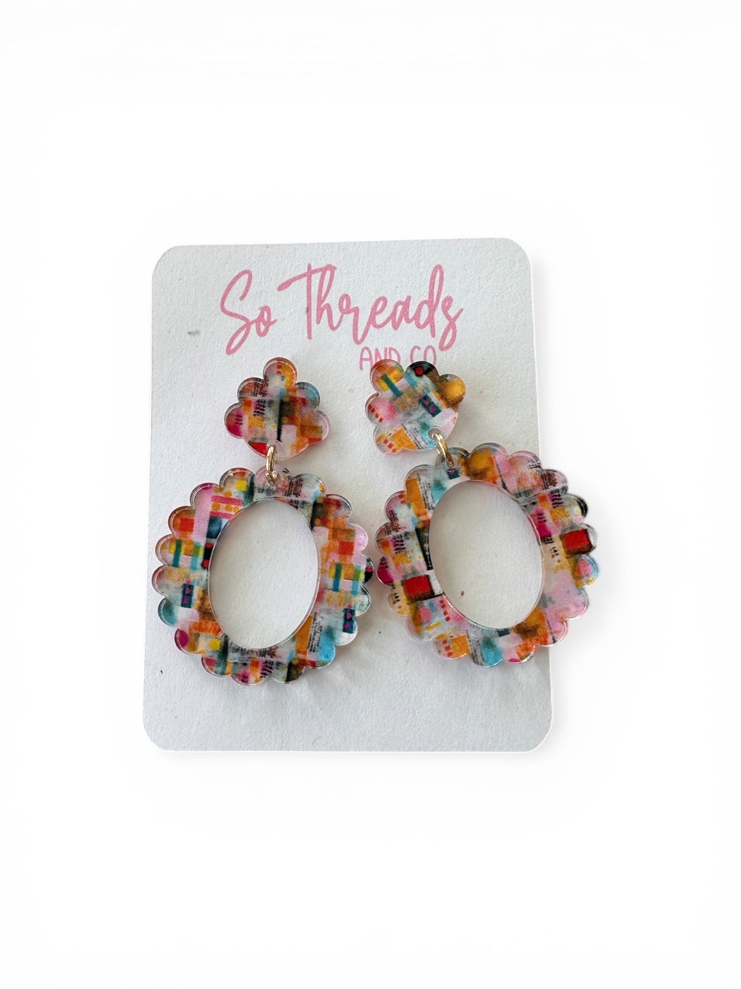Contemporary Pink Abstract Scalloped Oval Earrings