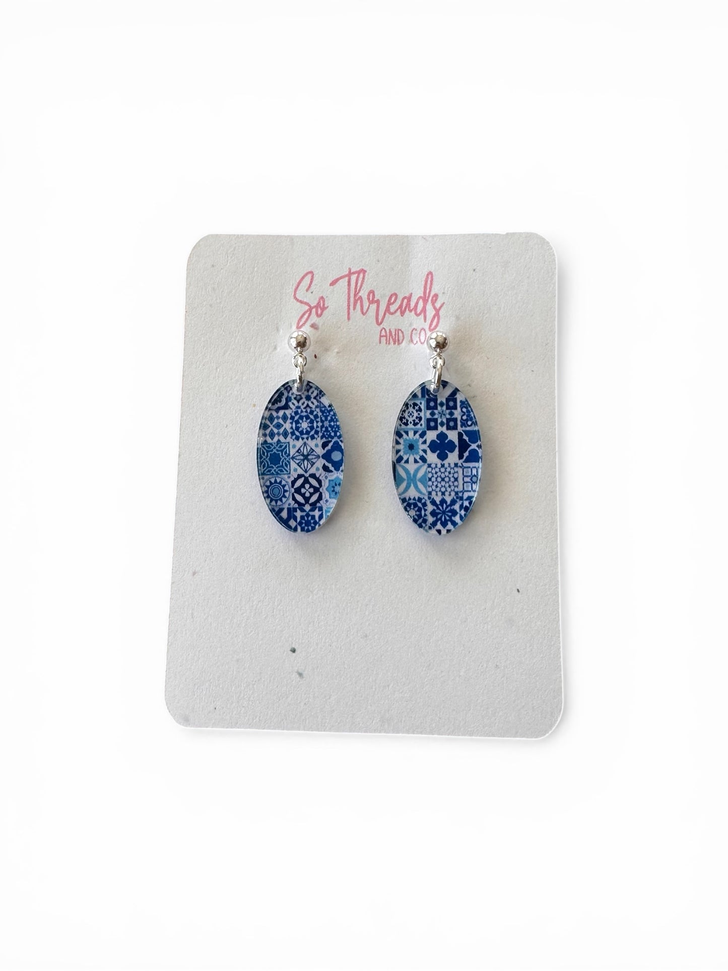 Coastal Blue Mosaic Oval Earrings