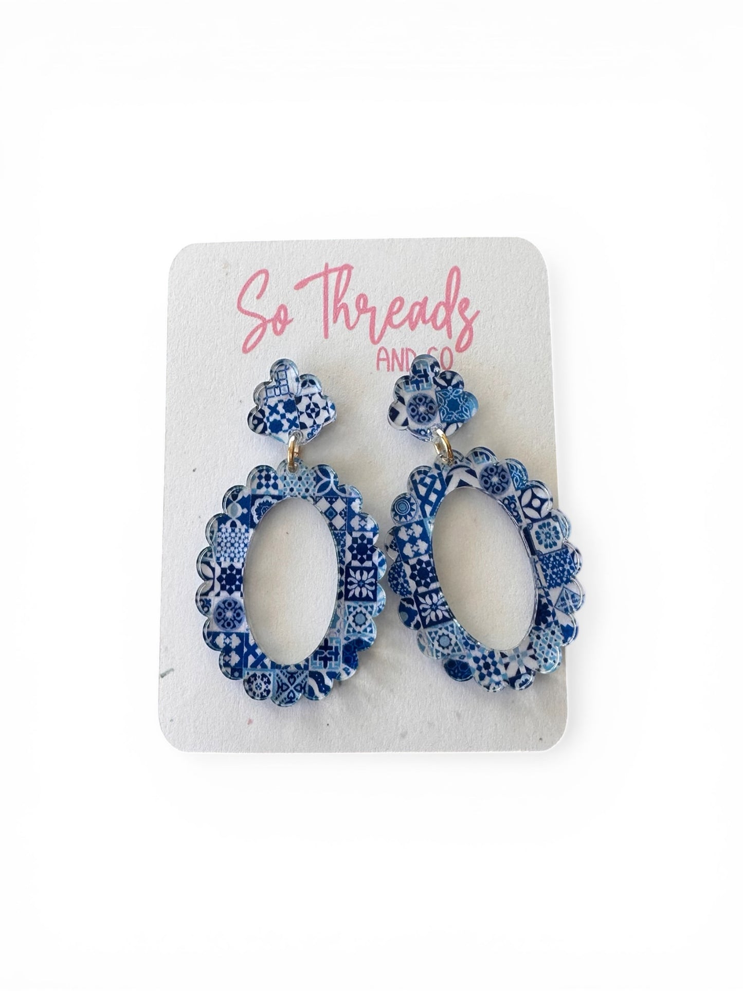 Blue Tile Scallop Oval Statement Earrings