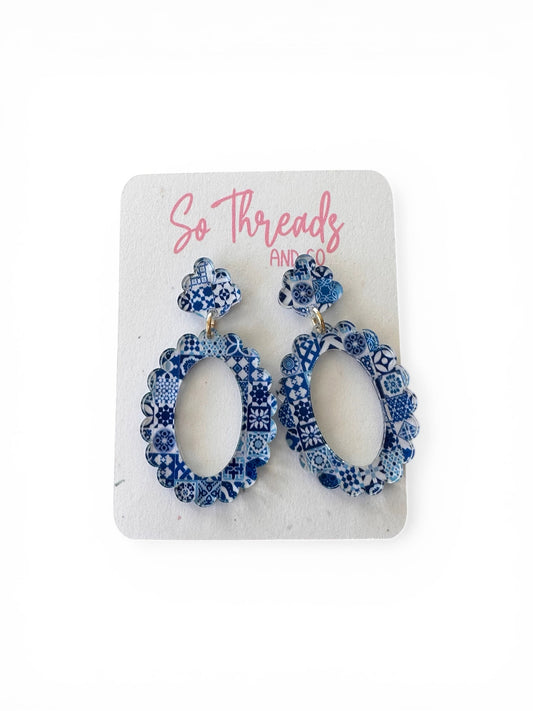 Blue Tile Scallop Oval Statement Earrings